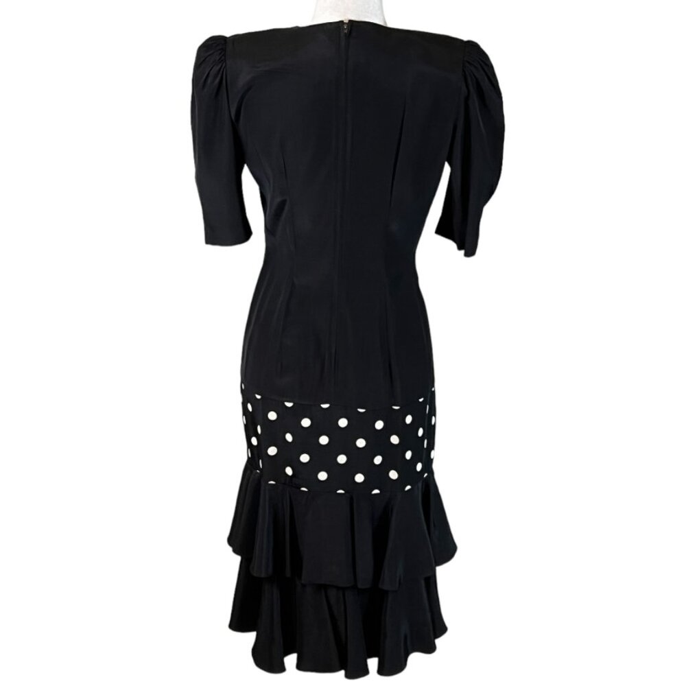 Vintage GACCINA Black Polka Dot Dress Bow Ruffle Hem Retro 80s Size 3/4 Rayon - Picture 3 of 11